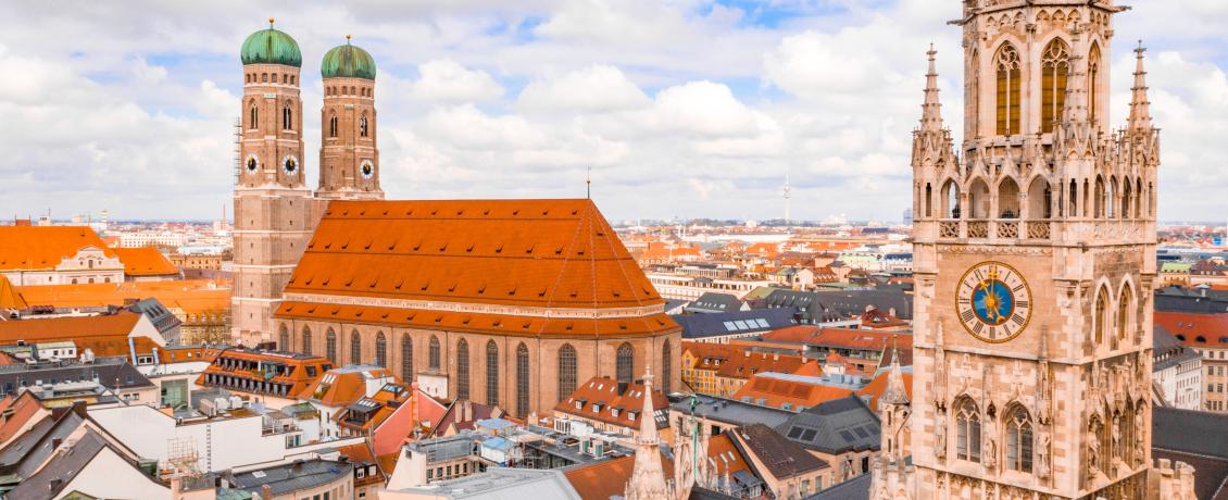 Munich,  Germany skyline with Neues Rathaus clock tower.