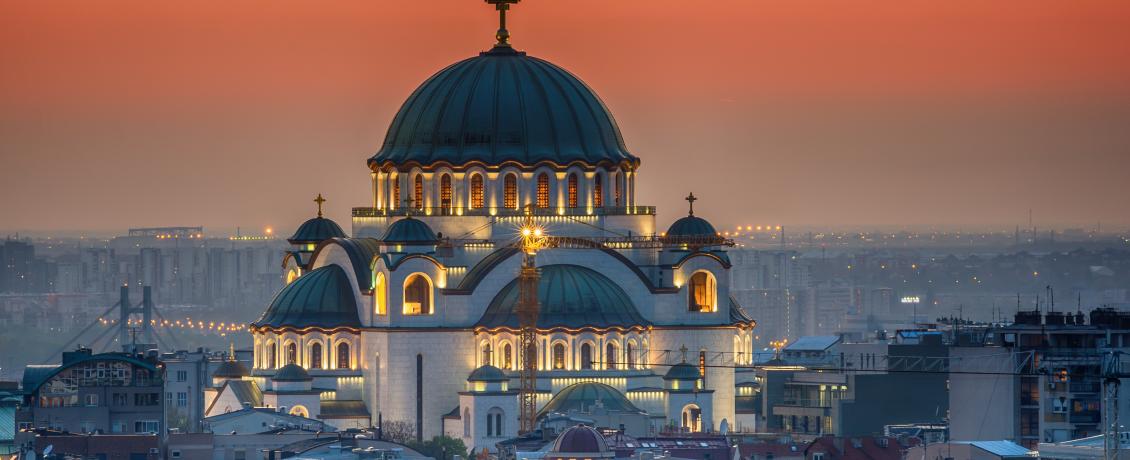 St. Sava Cathedral overlooking Belgrade at sunset